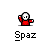 Animated contact sheet of a pixelated character in red clothing performing various actions against gray background with "Spaz" text below each frame.