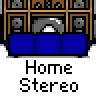 Animated contact sheet showing 12 frames of a pixel art buddy icon sequence with a character moving across a home stereo-themed background.