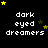 Pixelated text 'dark eyed dreamers' in white on black background with yellow and brown stars, animated star positions across frames.