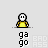 Pixel art animation of two yellow-shirted figures interacting with motion effects like floating particles and falling heads.