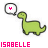 Green dinosaur with black outline and speech bubble containing colored 'Y' symbol, below which is text reading ISABELLE in various colors.