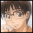 A 48x48 pixel buddy icon featuring a split composition with an anime-style character on the left and stylized text on the right against a black background.