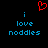 Red pixelated heart symbol above blue text reading 'i love noddles' on black background.
