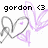 Pixelated icon with 'gordon' text and '<3' symbol above a gray heart outline, purple splatter effects on white background.
