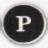 Static circular icon with a black background and white letter 'P' centered inside, surrounded by a light gray border on a transparent background.