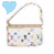 A small handbag with a floral pattern and brown trim appears in three variations, each paired with a different colored heart icon.