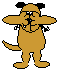Pixelated cartoon dog with brown body, black ears and nose, white eyes, standing against gray background in two poses.
