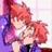 Pixelated anime-style character with red hair and purple clothing, shown in two states with overlaid text.