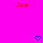 Bright pink background with red text 'Joe' at top left and right, blue pixelated heart symbols below each text element.