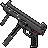 Pixelated grayscale image of a submachine gun with red accents on the trigger guard, angled diagonally against a solid light gray background.