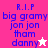 Pixelated text reads 'R.I.P big gramy jon jon tham danny' with a white star on pink background and red star on white background.