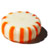 A pixelated circular icon with a light cream center, orange vertical stripes, and a dark brown base against a white background.