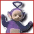 Pixelated figure with purple body and dark blue limbs, wearing a dark blue halo, arms raised in a waving pose against white background.