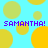 Pixelated blue background with yellow and light green circles, purple text reading "SAMANTHA! SAMANTHA!" repeated twice.