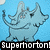 Pixelated blue rhinoceros with three horns and a smiling expression stands against light blue background, text "Supermorton" below.