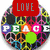 A circular icon with a colorful peace sign pattern background, displaying 'PEACE' text across the middle and changing top/bottom text elements.
