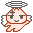 Pixelated angel icon with brown outline, white wings, and halo; four views show different poses including front, side, back, and angled positions.