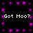 Pixelated text 'Got Moo?' repeated four times on a black background with purple sparkles, no visible motion changes.