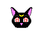 Four pixel-art cat faces with black fur, pink inner ears, yellow crescent moon on forehead, red eyes with white pupils, and pink nose, arranged in a on gray background