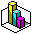 Pixelated 3D bar chart with yellow, cyan, and purple bars inside a hexagonal frame on a checkered base.
