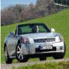 A silver convertible car with a black soft top is parked on a grassy hillside, facing left, with a blurred background of trees and sky.