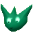 Green pixelated creature with large glowing eyes and three pointed ears against a gray background.