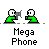 Pixel art animation of two green figures holding gray phones against a gray background, with text below each frame.