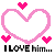 A contact sheet of five animated frames showing a pink heart outline with small pink hearts and the text "I LOVE him..." in black pixelated font, arranged in a 3x2 grid on a white background with one gray placeholder cell.