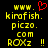 Yellow pixelated text on black background with red heart symbol above 'www.kirofish.piczo.com ROXz !!' in two identical side-by-side