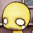 Yellow cartoon character with large white eyes and tears on a split background of black text and gray space