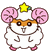 Pixelated hamster-like character with pink cheeks, orange-brown stripe across eyes, yellow star on head, and pink feet; left side shows one arm raised while right side shows both arms down.
