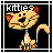 Pixelated cartoon cat with orange ears and tail, black eyes, blue collar, sitting on black background with white border.