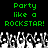 Green pixelated text reads 'Party like a ROCKSTAR!' above grayscale crowd of raised hands on black background.