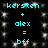 Static digital image with cyan text on black background showing repeated 'kersten + alex = bff' equations, surrounded by white pixelated dots.