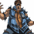 Pixelated character in blue armor with brown scarf, raised arm gesture, red text on blue background.
