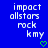 Blue background with white pixelated text reading 'impact allstars rock kmy' and a green heart symbol at the bottom right.