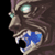 Pixelated close-up of a cartoon character's face with glowing eyes and blue mouth area on black background.