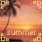 Pixelated sunset scene with palm trees and 'summer' text, featuring yellow square border elements.
