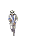 Pixelated character in silver suit with blue accents and white fedora performs multiple dance poses against gray background.