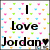 Pixelated icon with black text "I Love Jordan" on white background, surrounded by scattered colored squares in pink, green, blue, and orange.