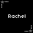 Black background with white pixelated text 'Rachel' repeated in three , each containing three instances of the name above a star-shaped icon that alternates between gray and white