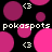 Pixelated pattern with pink and magenta circles on black background, white text "pokaspots" repeated, and white '<3' symbols scattered throughout.