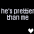Black background with white pixelated text repeating 'he's prettier than me' and three heart symbols in varying states of brightness.