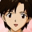A 48x48 pixel buddy icon featuring a split composition with an anime-style character on the left and text elements on the right against a black background.