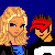 Pixel art contact sheet showing two cartoon characters against a blue background with repeated text "happily taken.." in light blue, arranged in a 3x2 grid layout.