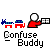 Pixelated icon shows red-shirted figure with white head holding -patterned object, blue and red elephant symbols above, gray background, text "Confuse Buddy" below