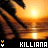 Sunset over water with palm trees, featuring 'KILLIANA' text and yellow/orange pixelated symbols at bottom left.