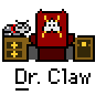 Animated pixel art contact sheet showing six sequential frames of a Dr. Claw character interacting with objects on a desk, featuring red chair, brown cabinets, and flying robotic arms.