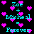 Pixelated cyan text and pink hearts on black background, repeating 'Zoe + Michael = Forever' in two vertical with heart symbols replacing 'and' and 'love'