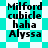 Pixelated text reads Milford cubicle haha Alyssa over cyan and white checkered or starburst background.